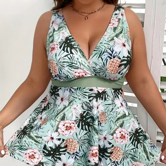 Women's Plus Size 2Pc Tropical Print Summer Tankini Bathing Suit Set 16W - 18W - Picture 3 of 11